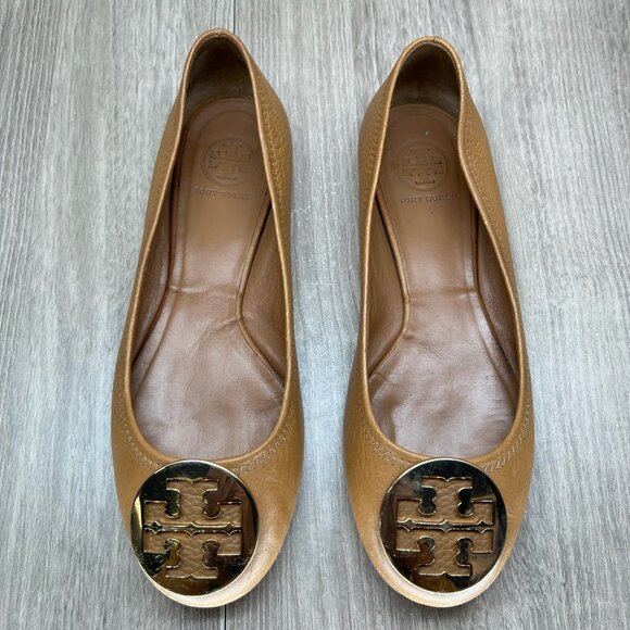 Tory Burch Reva Ballet Flats Womens 8.5M Gold Logo Slip On Pebbled Leather Brown - Picture 6 of 13